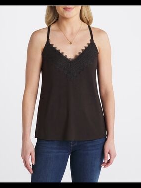 Lace-Trim V-Neck Cami Tank Top - Black